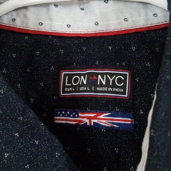 LON NYC Men’s Size Large Button Down Shirt Navy Blue 100% Cotton Short Sleeve - Picture 3 of 7